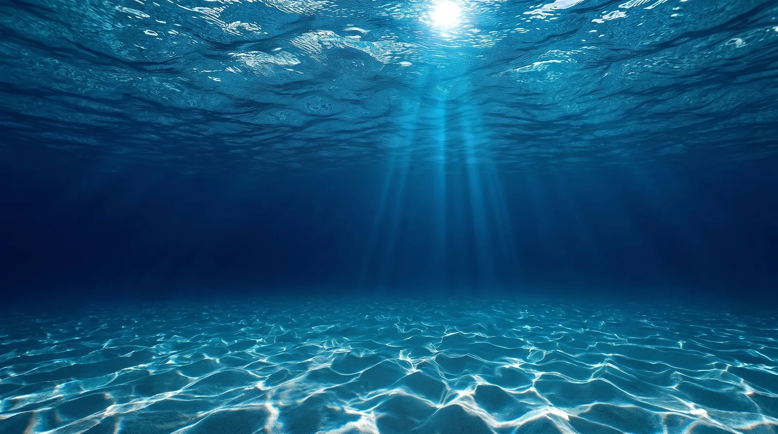 Sunlight streaming through blue ocean water onto a rippled sandy seabed