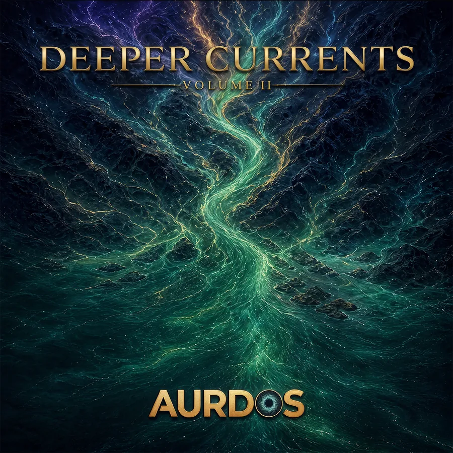Deeper Currents Volume II cover — gold and teal currents