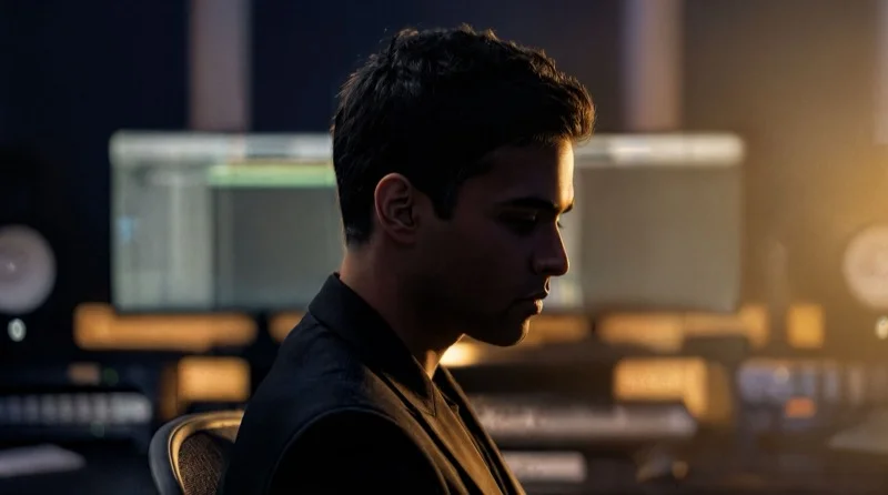 Aurdos artist photo in recording studio creating ambient electronic music